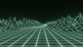 Retro sci-fi landscape of mountains. Futuristic polygonal background in style of 80s and 90s. Technology perspective glowing grid with 3d landscape. Abstract wireframe terrain design. 3D rendering. - Powered by Shutterstock - Get 15% off with code: PIKWIZARD15