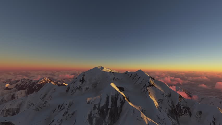 3D - Circular aerial view at sunset Mount Denali in Alaska. United States