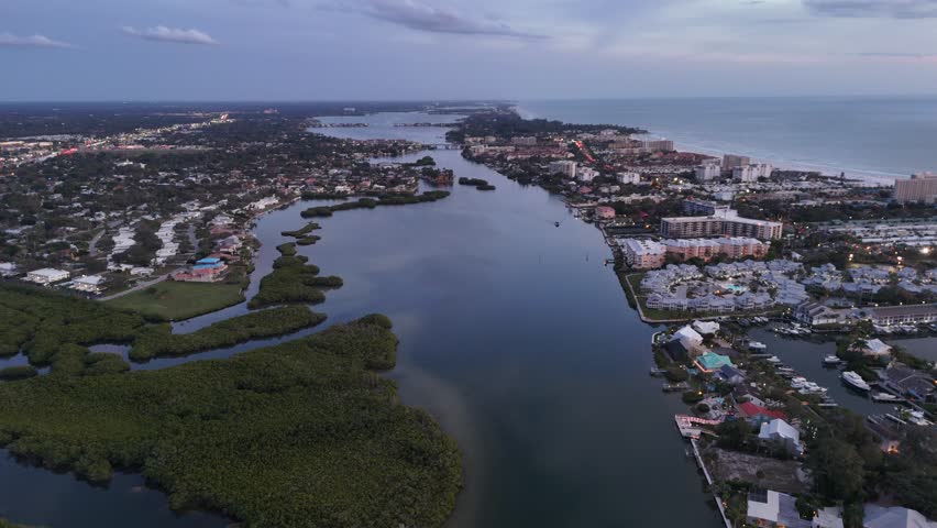 An aerial view of the cityscape of Siesta Key at sunset in Florida, United States