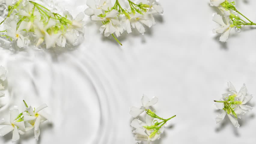 Slow motion of falling jasmine flowers on water surface