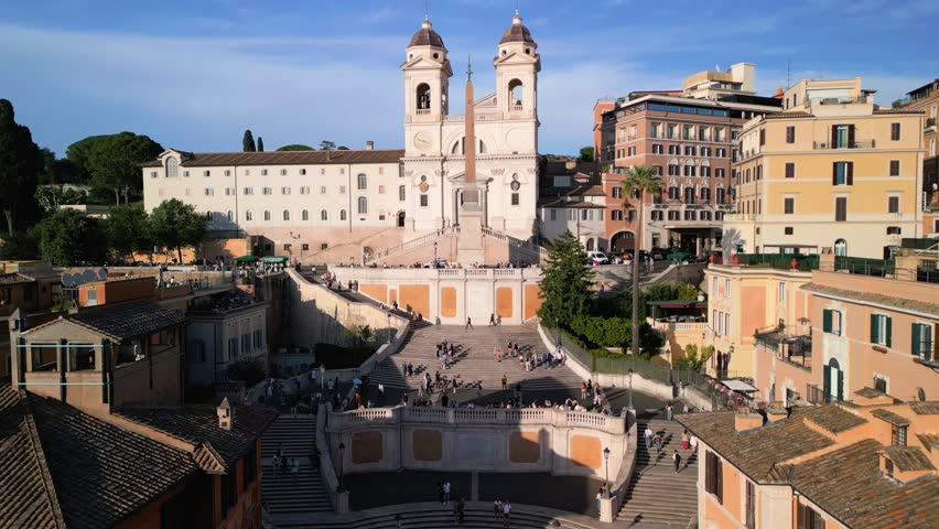 Cinematic Crane Shot Above Spanish Steps, Trinita dei Monti Church. Rome, Italy