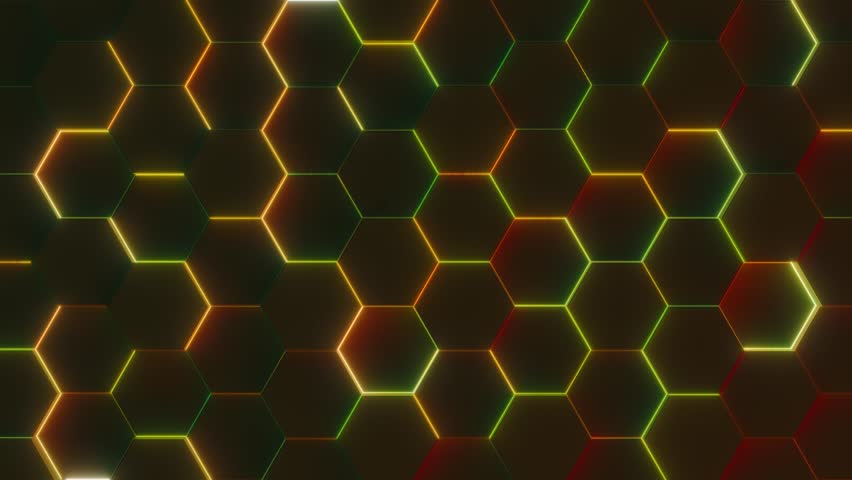 Abstract Hexagons Glowing Angles in Black Background. Futuristic Polygonal Grid Surface. Technological and Hi-tech Seamless Loop 4K	
