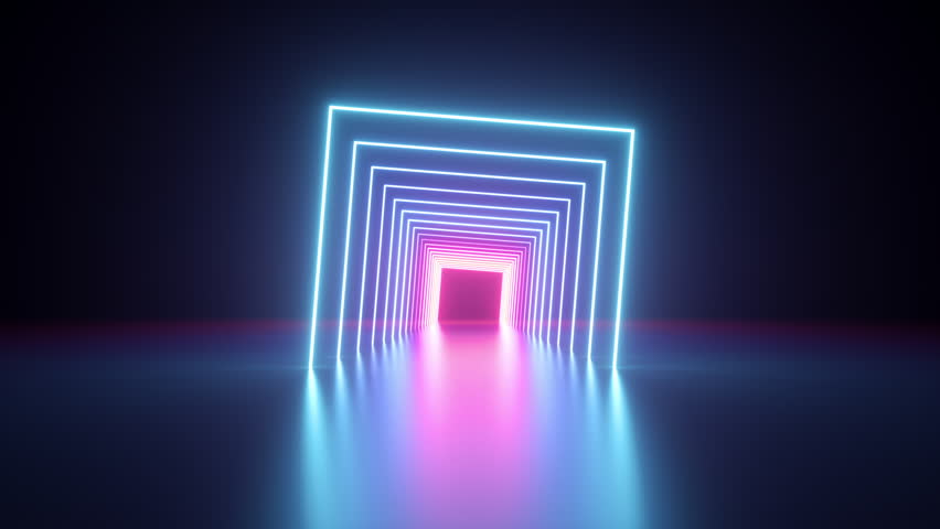 loop 3d animation. Abstract geometric background. Square neon frames rotating, glowing and flashing in the dark
