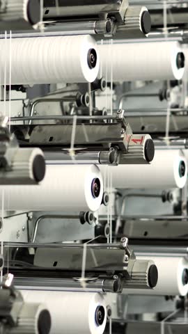 Weaving Plant For The Production Of Plastic Or Polypropylene Bags . Rows Of White Reels With Ropes Making Plastic Sacks In A Modern Production Plant