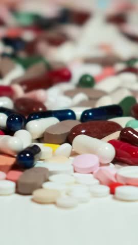 Pills and drugs turning. Pharmaceutical industry and drug manufacturing for countries and people infected with virus. Business or medical concept.