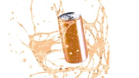 Soda can falling water splash slow motion, depth of field, 3d rendering. Slowmo splashing orange juice tin, 4k, isolated on white background. Fall canned beverage dip animation. 3D Illustration - Powered by Shutterstock - Get 15% off with code: PIKWIZARD15