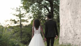 Back view of married young African American couple holding hands while walking in nature. Beautiful newlyweds in black suit and white wedding dress discussing about their future life together. - Powered by Shutterstock - Get 15% off with code: PIKWIZARD15