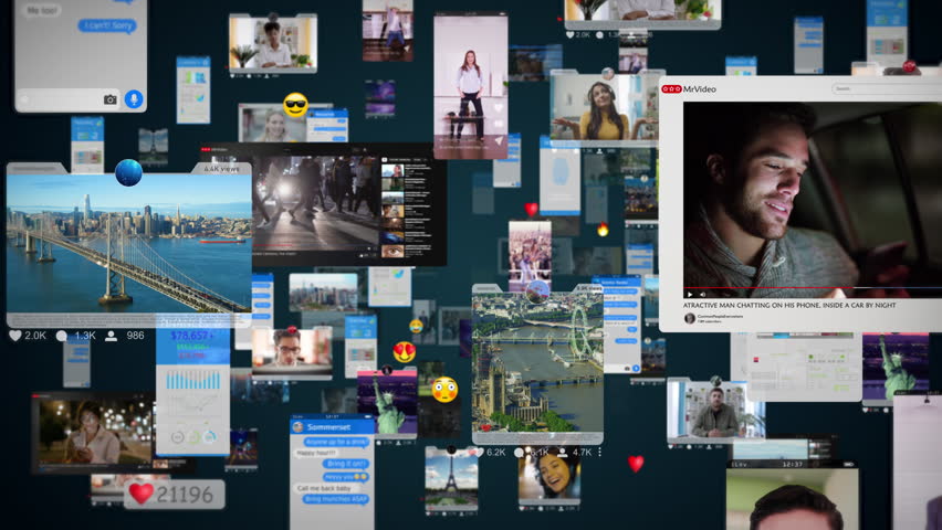 
 Future Technology Dynamic Array of Floating Digital Screens Displaying News, Social Media, and Lifestyle Content. Visualization of Messenger Apps, Dating Profiles, Entertainment Viral Videos. AR