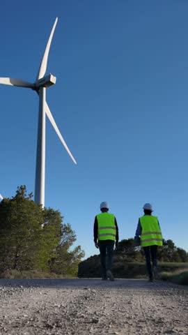 Two engineers, man and woman, with a digital tablet, inspect wind turbines and electricity generators. Clean energy, sustainability, and renewable energy maintenance.