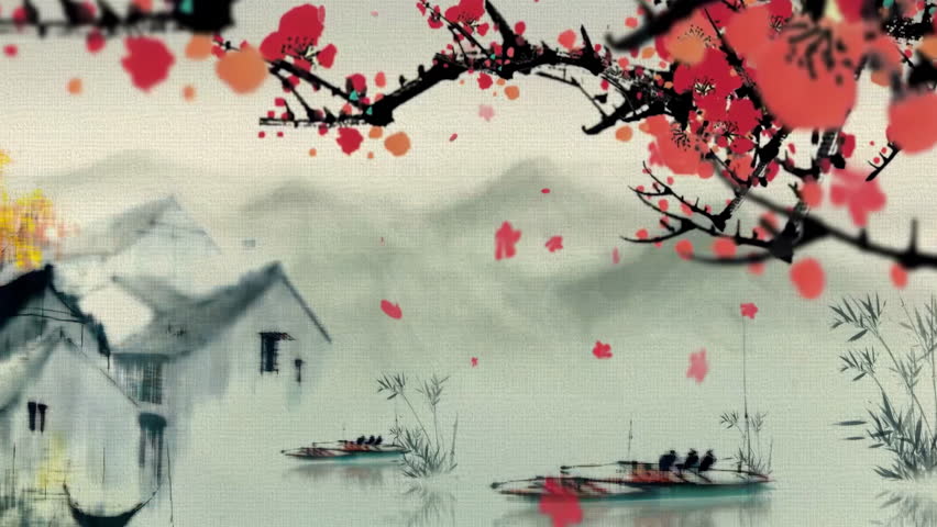 Daytime ancient traditional Chinese Japanese landscape Painting of beautiful calm trees, mountains, flowers, lake, water, birds, blue sky, boat, cherry blossoms season
