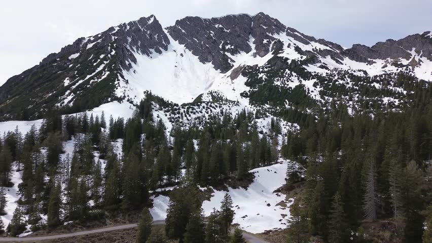 Aerial view of Pine forest With Snow Covered Mountains, Winter landscape in Austrian Alps, Europe