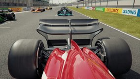 Generic formula one race cars starting the race from the starting grid. Pole position race car point of view looking behind. 3D animation rendering - Powered by Shutterstock - Get 15% off with code: PIKWIZARD15