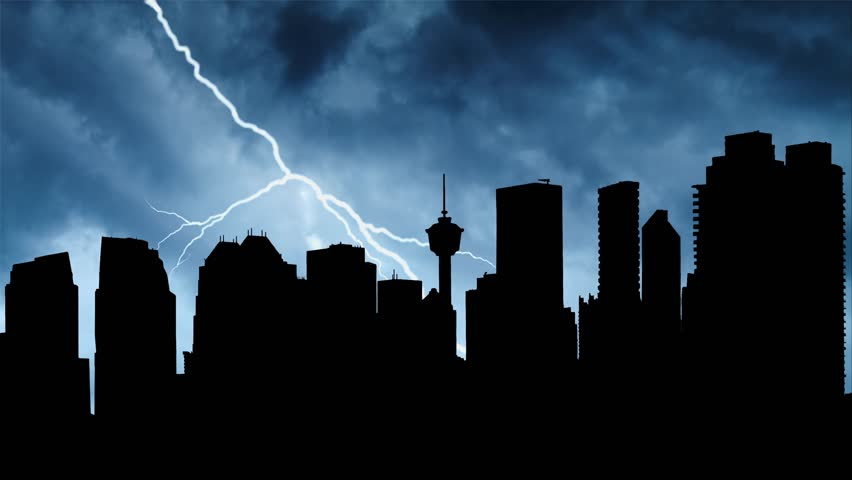 Canada: Thunderstorm and Lightning flash over Calgary Downtown skyline,. Concept on topic weather, cataclysms