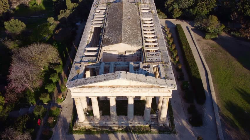 Temple of Hephaestus from a drone in the Agora in Athens. Cultural artistic heritage of ancient Greece. fantastic temple dedicated to deities, Greek architecture that attracts tourists traveling