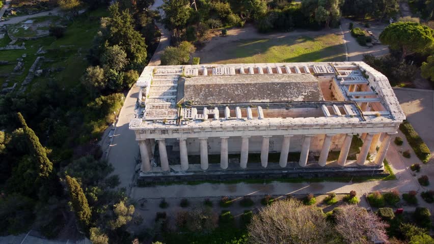 Temple of Hephaestus from a drone in the Agora in Athens. Cultural artistic heritage of ancient Greece. fantastic temple dedicated to deities, Greek architecture that attracts tourists traveling