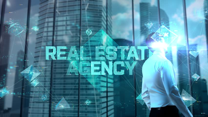 Real Estate Agency. Businessman Working in Office among Skyscrapers. Hologram Concept