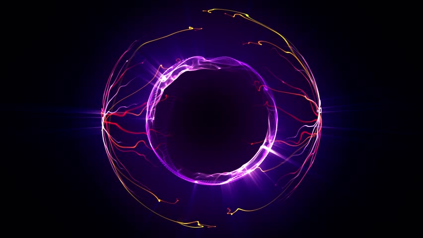 Abstract electric sphere with magnetic poles and liquid plasma flow on a shiny dark background. Seamless loop animation of bright energy ball made of floating orange and purple glow waves. 4k 60fps