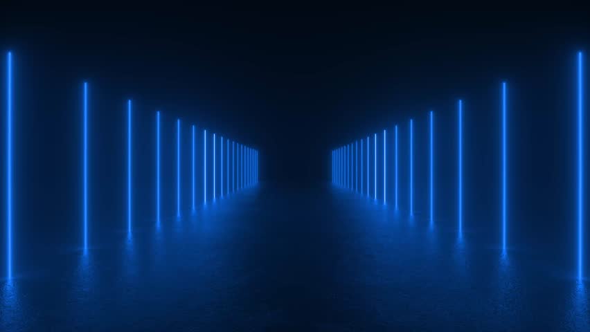 Explore a tunnel of blue neon lights in a dark room with futuristic sci-fi vibes.