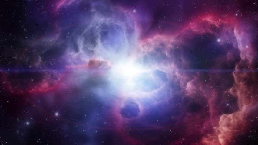 Fantasy space background with a nebula in purple tones and a star in the center. High quality 4k footage