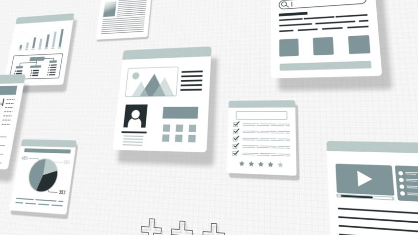 Search screen, 3D loop animation of documents flowing on white background