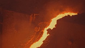 Flows of molten metal at metallurgical plant. Stock footage. Bright molten metal flows in stream in factory. Metal melts of metals move in streams - Powered by Shutterstock - Get 15% off with code: PIKWIZARD15