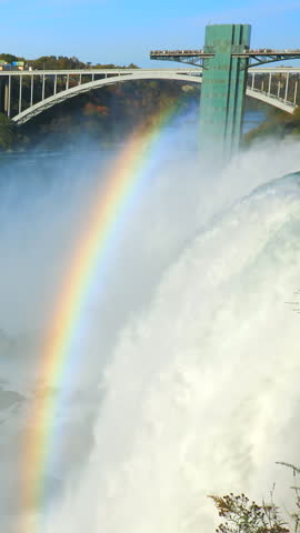 Beautiful rainbow in the sun at Niagara Falls. Vertical video.