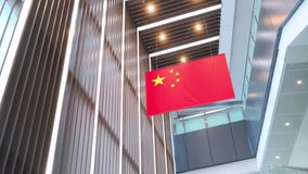 China Flag Track Shot. China flag hanging in a modern building. Low angle track shot. With lights on ceiling and sunlight leak from window glass curtain wall. - Powered by Shutterstock - Get 15% off with code: PIKWIZARD15