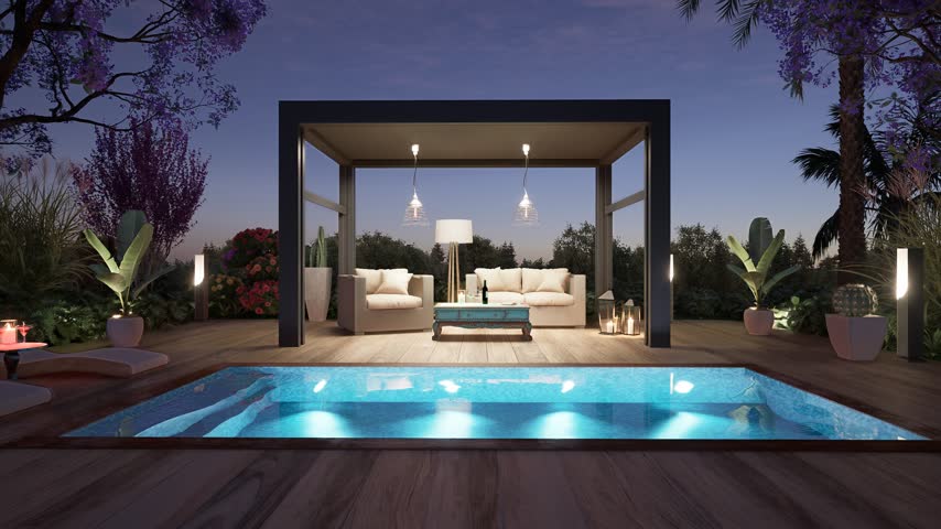 3D render of luxury front view outdoor garden with teak wooden deck and black pergola at dawn. Twilight scene with sofas and deck chairs next to the swimming pool.Zoom in shot.