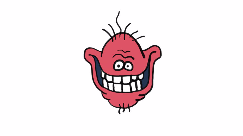 Monster head with a wide grin, showing many teeth. Red cartoon creature. Looped animation with alpha channel.
