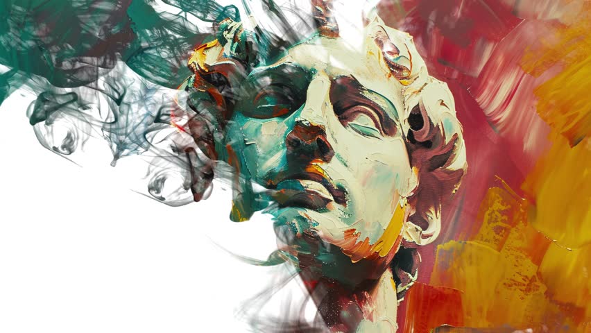 White Antique Marble Statue Head Oil Painting Ink Drop Reveal Animation 4k Video.