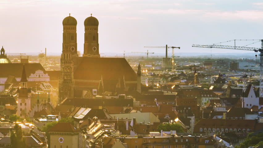 Scenic aerial of the landmark Frauenkirche in Munich, Germany