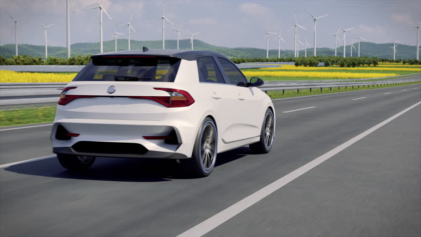 Generic autonomous electric car driving along highway through countryside with lush fields, solar panels and wind turbines in background. Renewable energy concept. 3d rendering animation