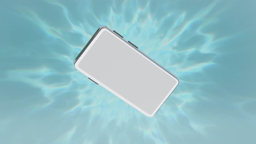 smartphone, mobile phone falls into water with bubble, water splash isolated on blue background. cell phone damaged, 3d illustration render, top view