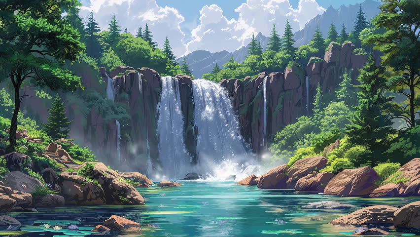 Cartoon animation the waterfall in the forest