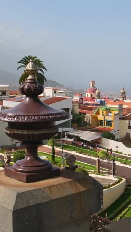 Jardines del Marquesado de la Quinta Roja garden in La Orotava town, Tenerife, Canary islands, Spain. Slow steadicam revealing footage. Tropical botanical gardens in La Orotava town on Tenerife island