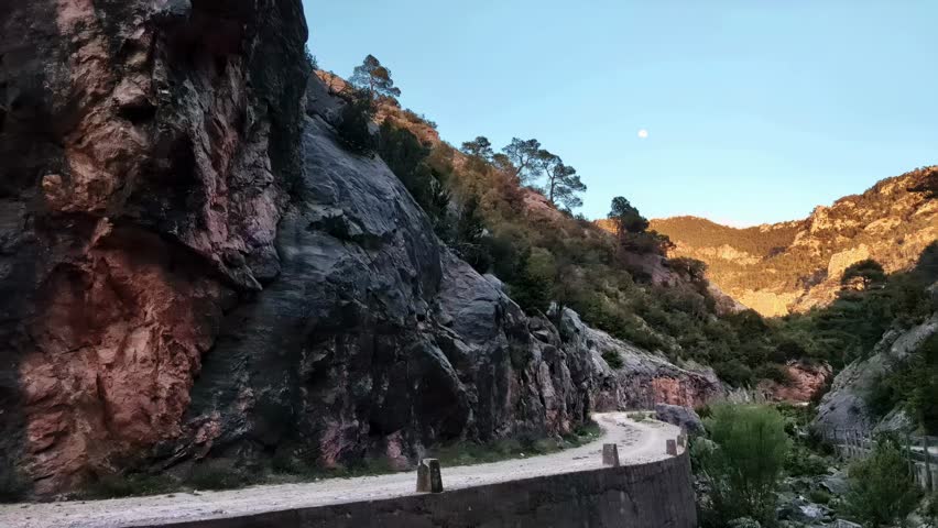 Parc Natural dels Ports. View of the waterless Barranc de la Vall d'Uixo in the evening. Spain water crisis.