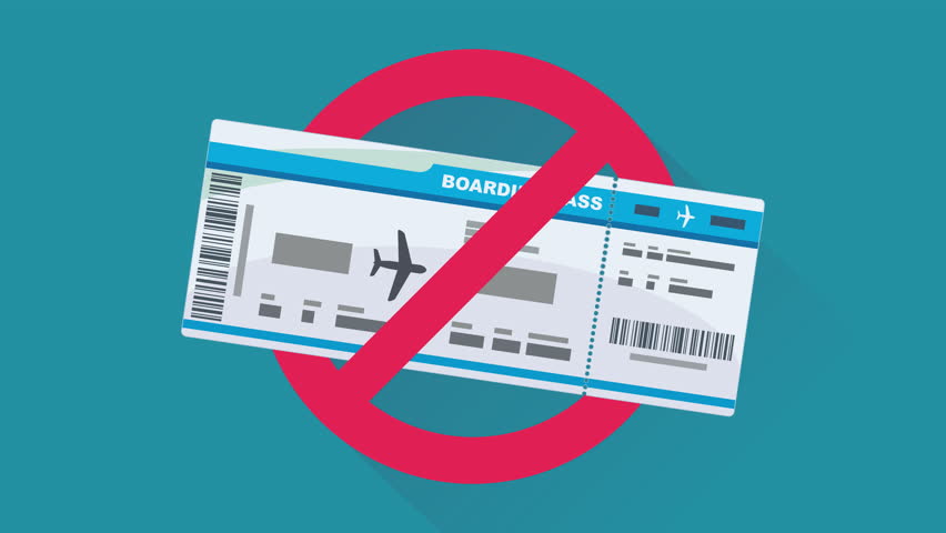 Appearance of the crossed out red circular prohibition symbol on the press card on a blue background with long shadow in flat design style