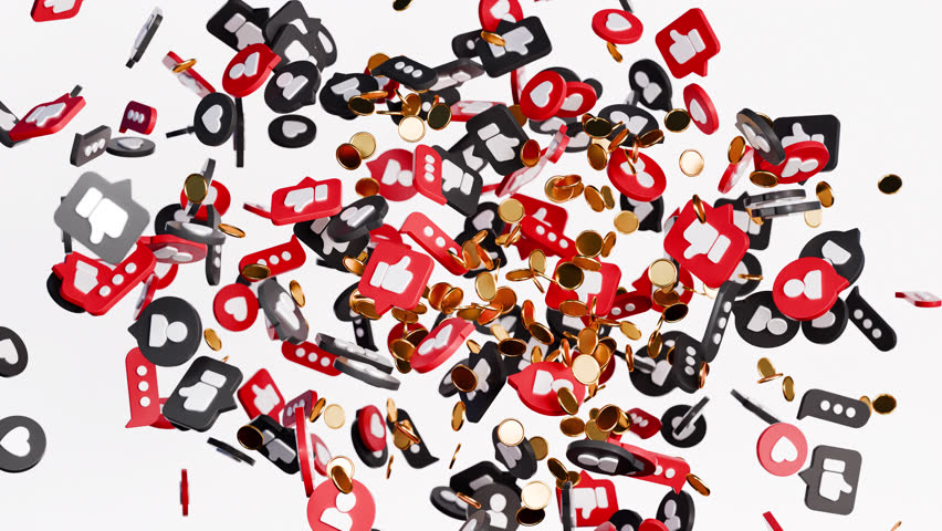 Social media 3d icons and coins. Realistic design, 3d render animation. Likes, followers, thumbs up, chats, emoji. Digital world, marketing concept. Money, online earning