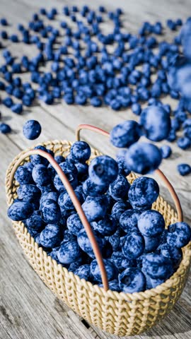 Many blueberries poured into a woven basket fell onto the wooden table. Fresh berry fruits. Agricultural fruit picking. 3d rendering	