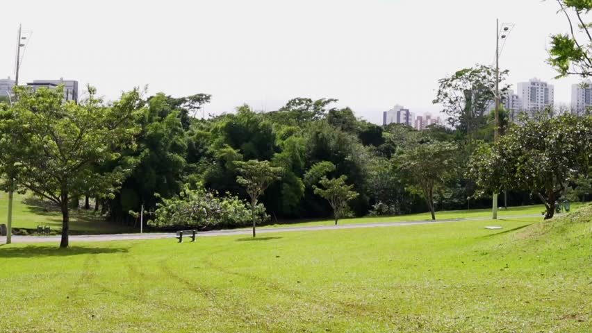 Outdoor park full of trees and a green lawn, park of the indigenous nations in Campo Grande, Mato Grosso do Sul, Brazil.