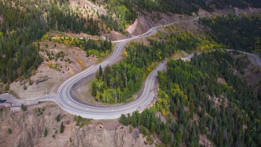Aerial View of Wolf Creek Mountain Pass and Overlook Point on Sunny Autumn Day, Colorado USA