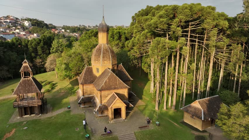 Curitiba, Parana, Brazil - 06.20.2024 - Aerial view of Tingui Park with Ukrainian Memorial at brazilian city of Curitiba, state of Parana, Brazil. Landmark of city. Ukrainian Memorial at Tingui Park.