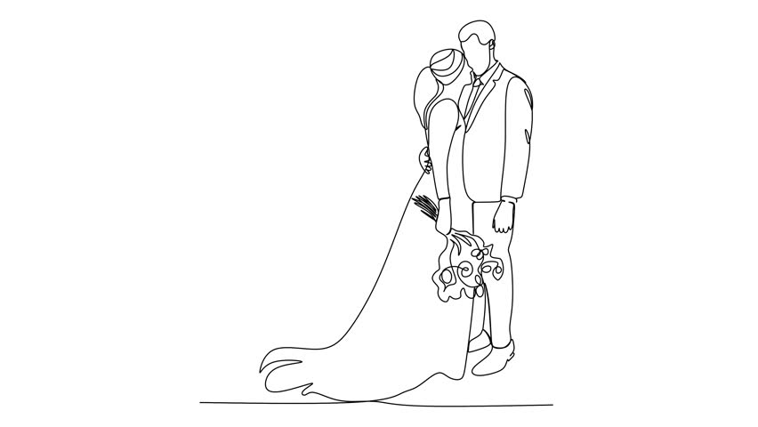 linear drawing of bride and groom wedding. Vector illustration without artificial intelligence