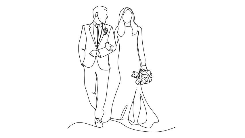 linear drawing of bride and groom wedding. Vector illustration without artificial intelligence
