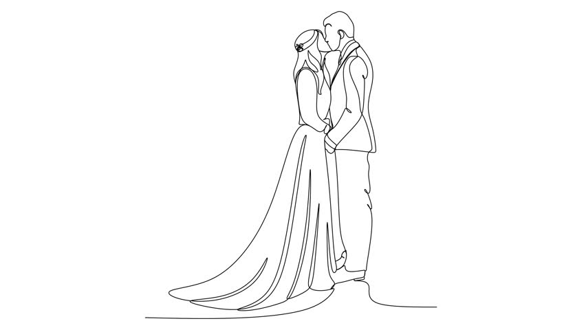 linear drawing of bride and groom wedding. Vector illustration without artificial intelligence