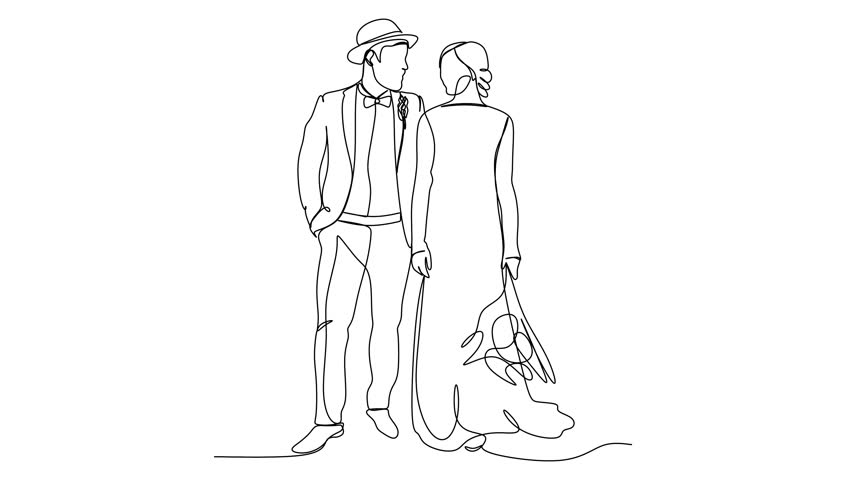 linear drawing of bride and groom wedding. Vector illustration without artificial intelligence