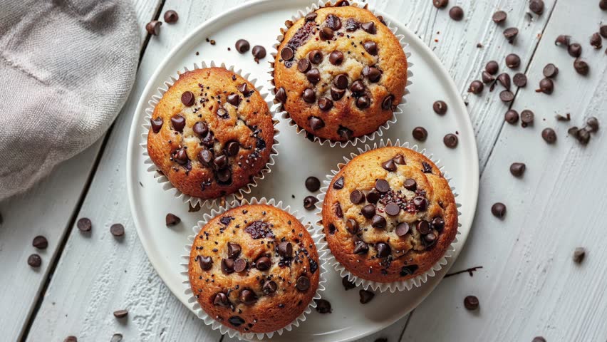 Delicious, homemade chocolate chip muffins on a white plate, surrounded by scattered chocolate chips on a rustic wooden table.