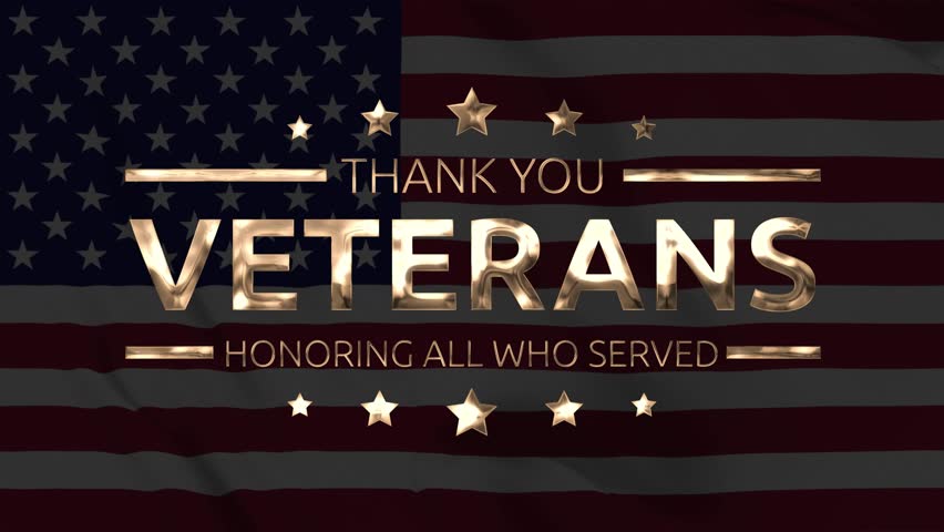 Happy Veterans Day golden text with cinematic zoom animation on United States flag background. Perfect for celebrating US Veterans Day.