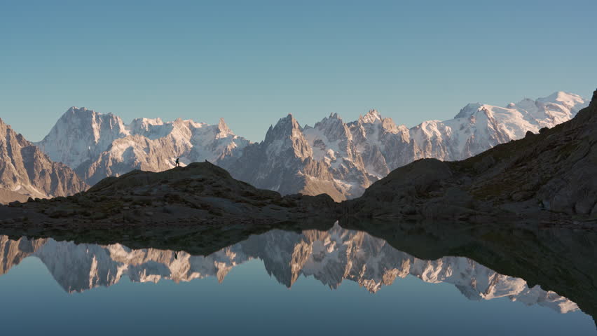 Majestic landscape of Lac Blanc with Mont Blanc mountain range reflected on water surface at sunset in French Alps, Haute Savoie, Chamonix, France
