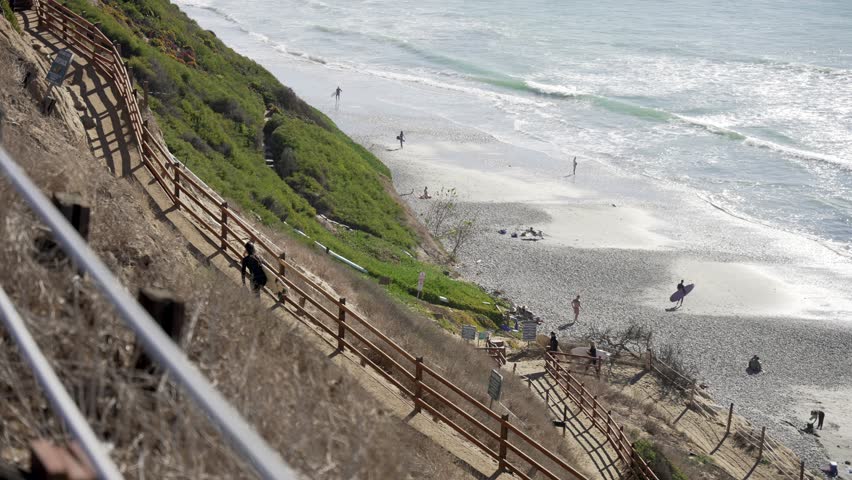Surfers walking pathway to Leucadia beach surfing spot on a sunny day in San Diego California with waves crashing on the rocky shore